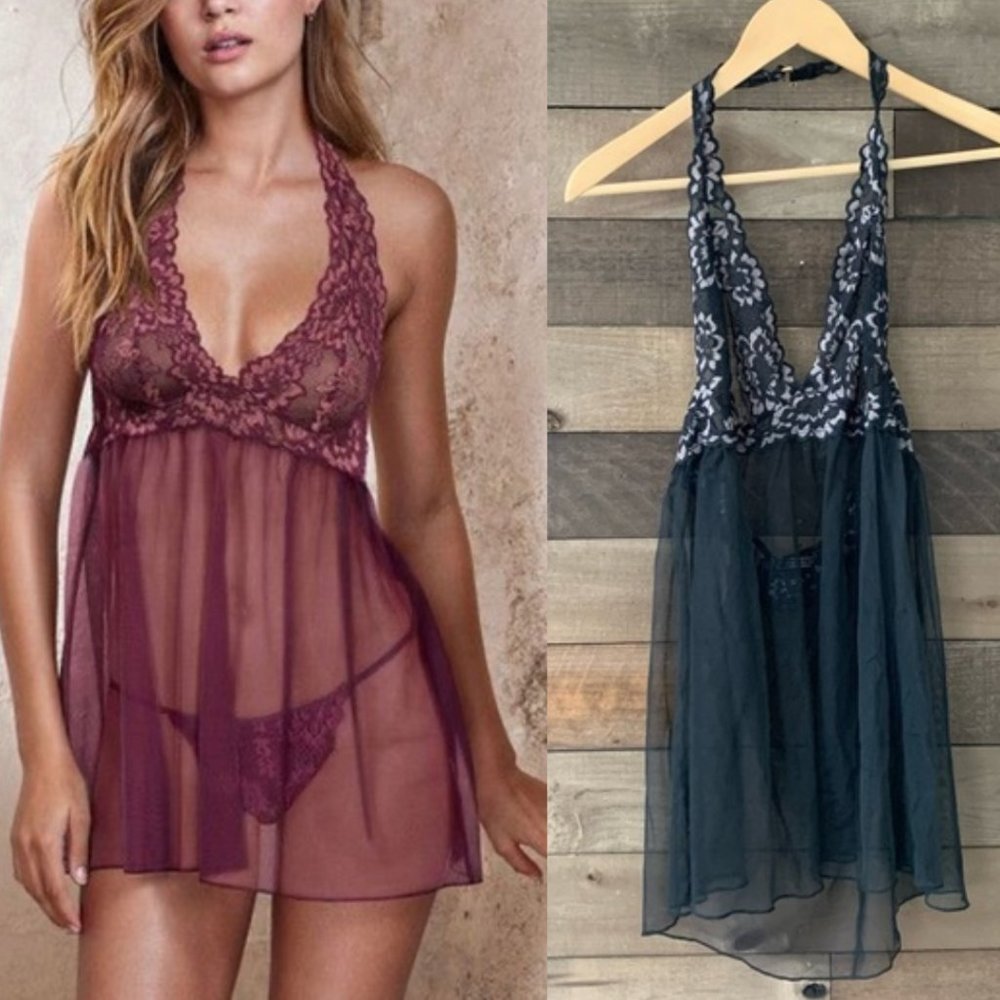 5/$20 Victoria's Secret Burgundy Lace Halter Babydoll
